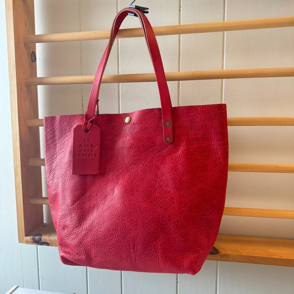 KMM & Co. Cherry Red Leather Suede Interior Double Handle Unisex Tote Bag - Picture 1 of 8